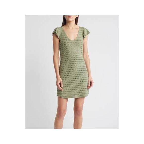 Treasure & Bond Dresses & Skirts - Treasure & Bond Green Crochet Knit Flutter Sleeve Linen Blend Sweater Dress Sz M